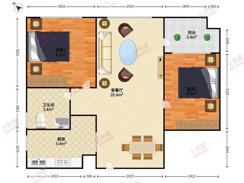 萬科時代廣場2室2廳出租租金4000元/月