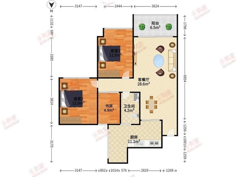 學府道花園2室2廳出租租金4800元/月