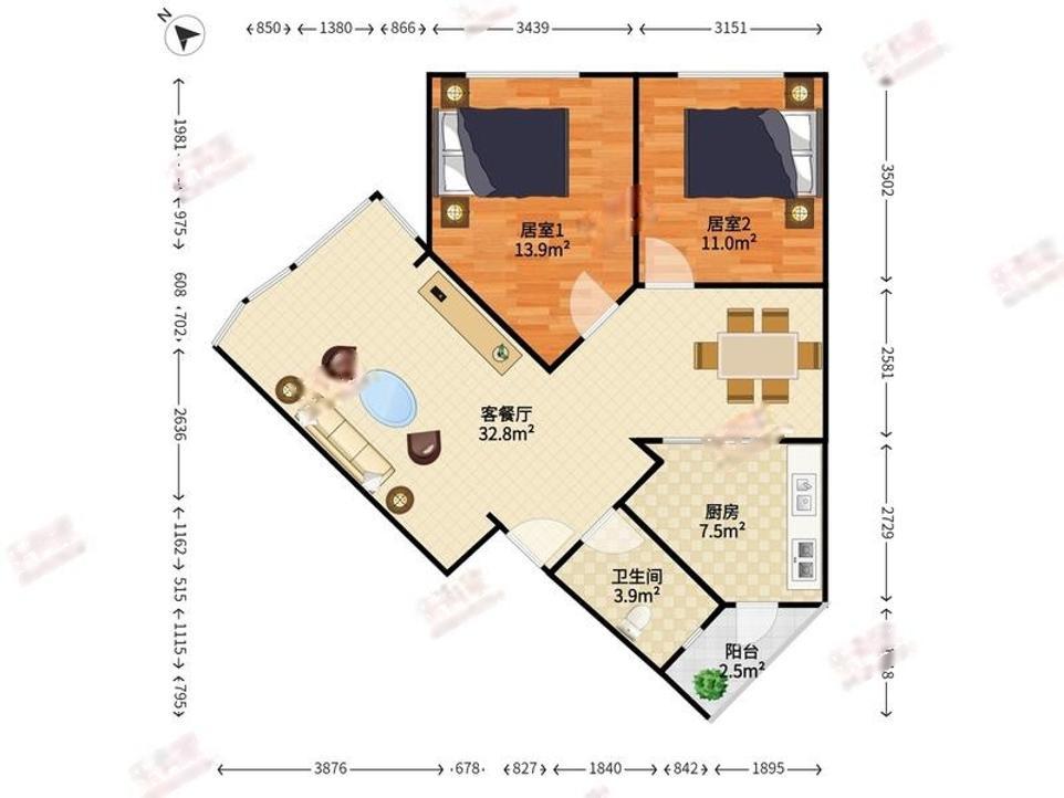 海濱城廣場2室2廳出租租金4800元/月