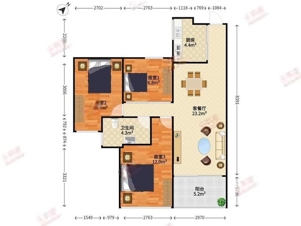 聯建君鈺府3室2廳出租租金6600元/月